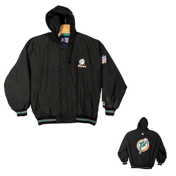 Vtg Starter Miami Dolphins Black Hooded Puffer Jacket Mens XL 90's NFL Football‎
